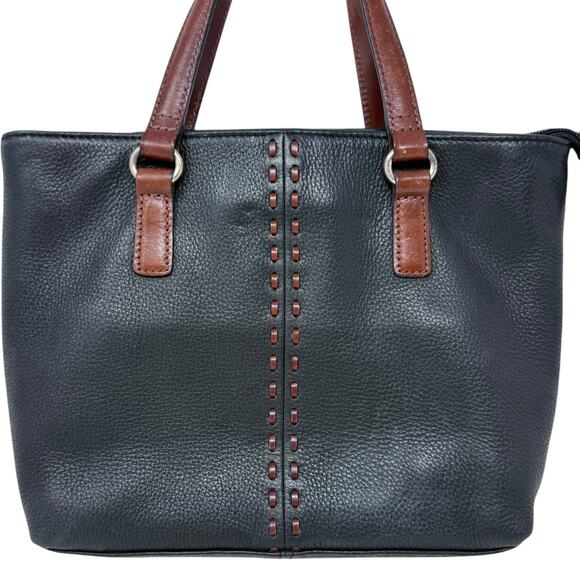 Vintage Fossil Black Leather Shoulder Bag Brown Leather Stitching Double Handles - Picture 2 of 6